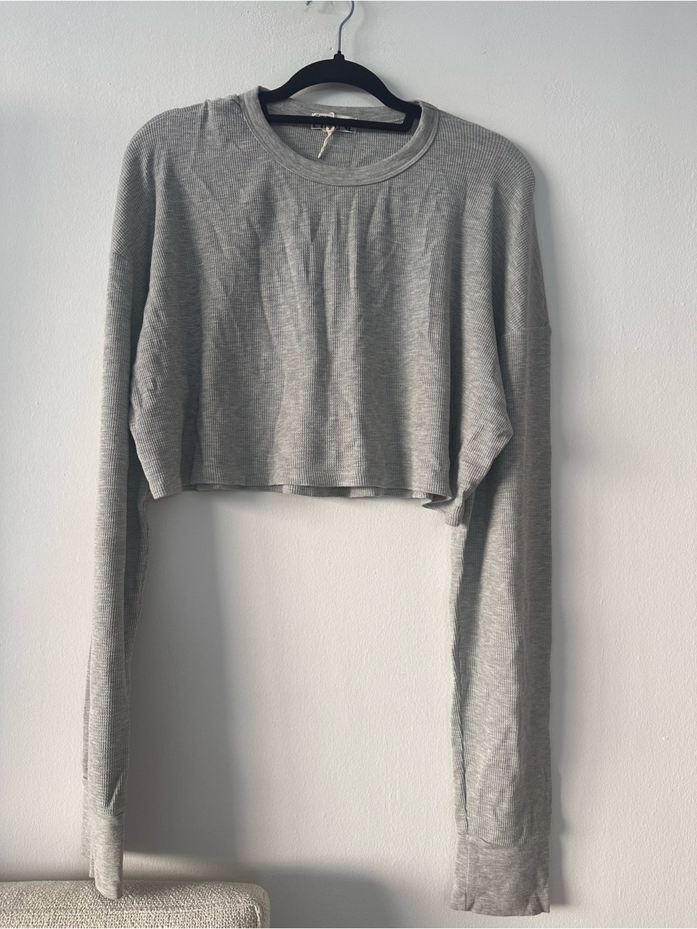 Eterne long sleeve cropped waffle long sleeve t shirt grey size medium